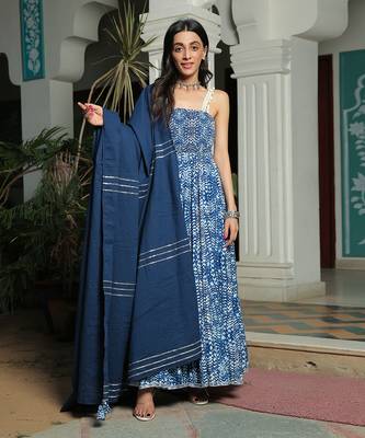 Farah Smocked Mediterranian Blue Anarkali Kurta With Pant And Gota Highlighted Dupatta 1
