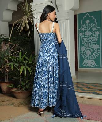 Farah Smocked Mediterranian Blue Anarkali Kurta With Pant And Gota Highlighted Dupatta 2