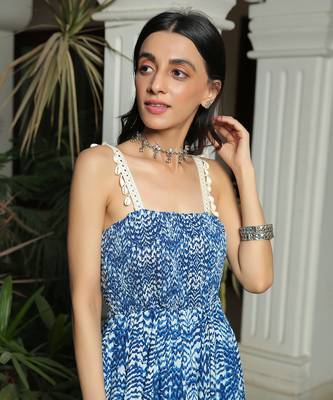 Farah Smocked Mediterranian Blue Anarkali Kurta With Pant And Gota Highlighted Dupatta 4