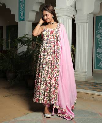 Namah Ivory Floral Anarkali Suit With Baby Pink Dupatta Set 1
