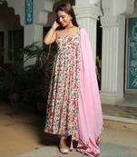 Namah Ivory Floral Anarkali Suit With Baby Pink Dupatta Set