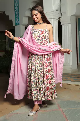 Namah Ivory Floral Anarkali Suit With Baby Pink Dupatta Set