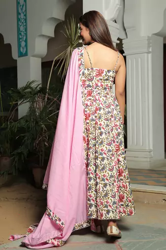 Namah Ivory Floral Anarkali Suit With Baby Pink Dupatta Set