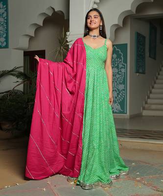 Aafiya Green Lehriya Anarkali Dress With Hot Pink Dupatta 1