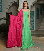 Aafiya Green Lehriya Anarkali Dress With Hot Pink Dupatta