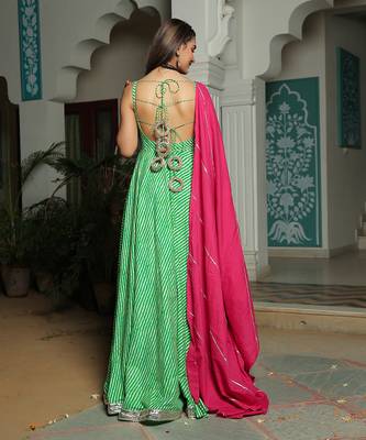 Aafiya Green Lehriya Anarkali Dress With Hot Pink Dupatta 3