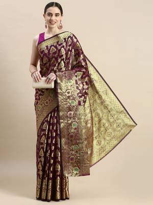 Wine Woven Organza Saree With Blouse 1