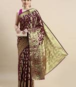 Wine Woven Organza Saree With Blouse