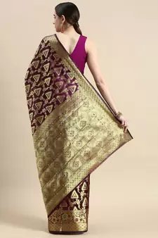 Wine Woven Organza Saree With Blouse