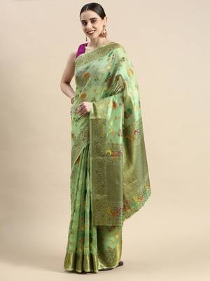 Green Woven Organza Saree With Blouse 1