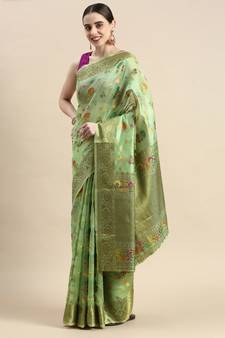 Green Woven Organza Saree With Blouse