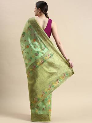 Green Woven Organza Saree With Blouse 2