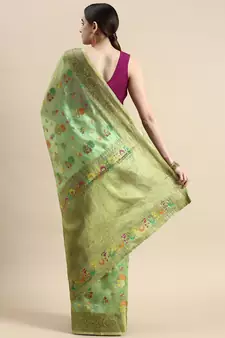 Green Woven Organza Saree With Blouse