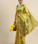 Yellow Woven Organza Saree With Blouse