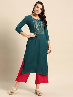 Teal Poly Rayon Floral Embroidered Kurta 1