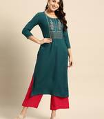 Teal Poly Rayon Floral Embroidered Kurta