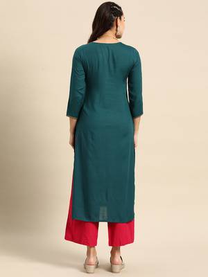 Teal Poly Rayon Floral Embroidered Kurta 2