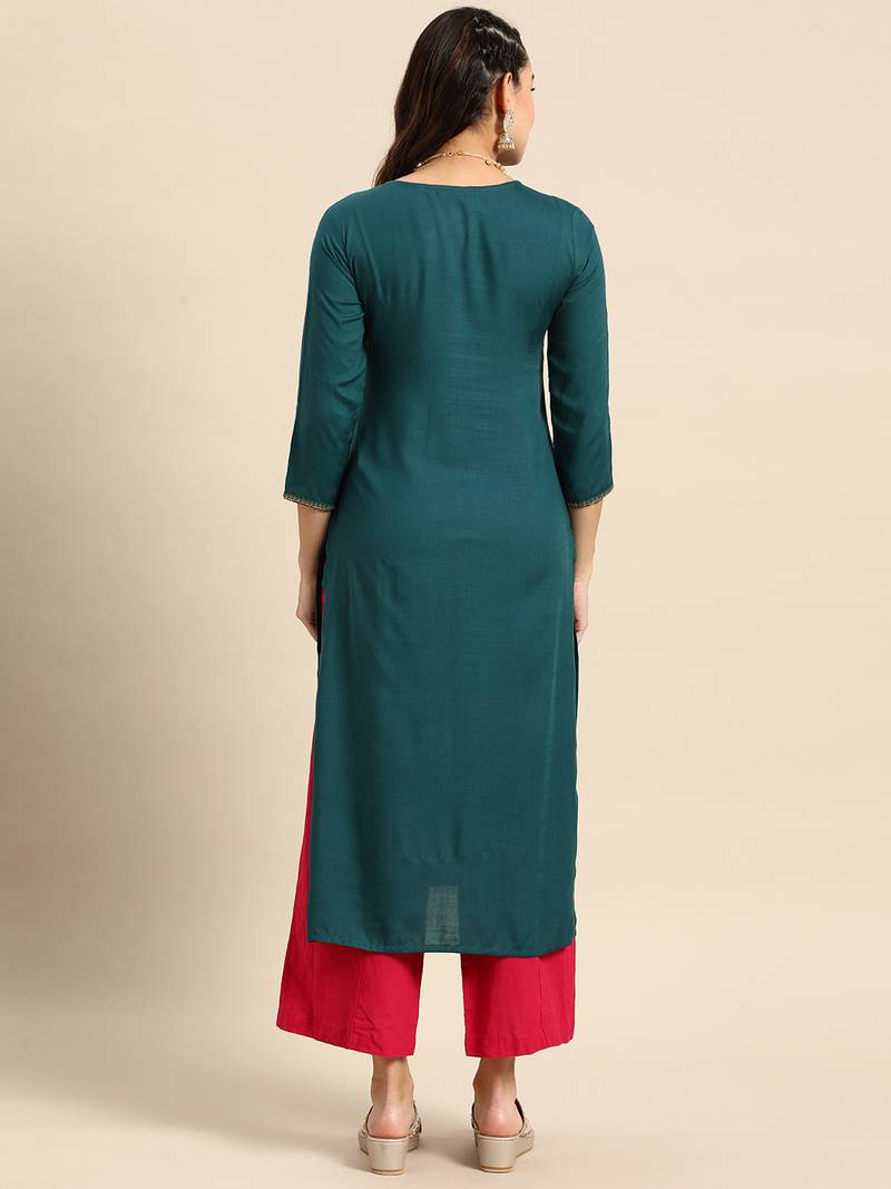 Teal Poly Rayon Floral Embroidered Kurta