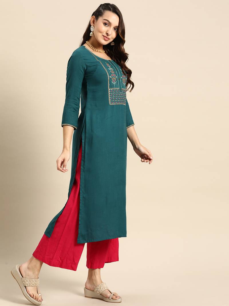 Teal Poly Rayon Floral Embroidered Kurta