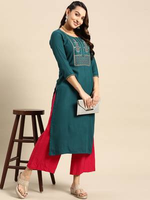 Teal Poly Rayon Floral Embroidered Kurta 4