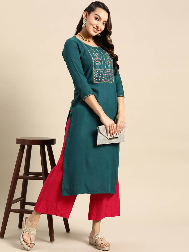 Teal Poly Rayon Floral Embroidered Kurta