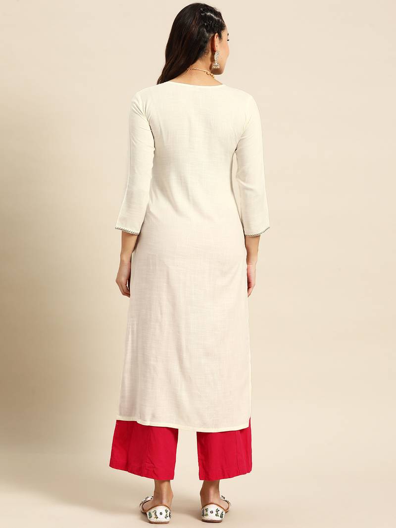 White Poly Rayon Floral Embroidered Kurta