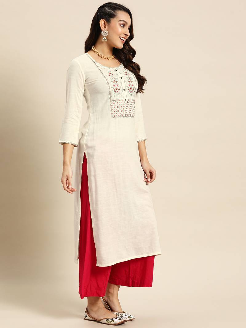 White Poly Rayon Floral Embroidered Kurta