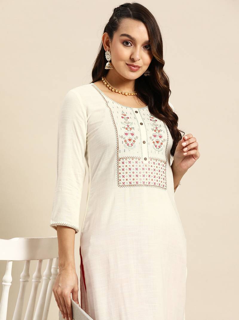 White Poly Rayon Floral Embroidered Kurta