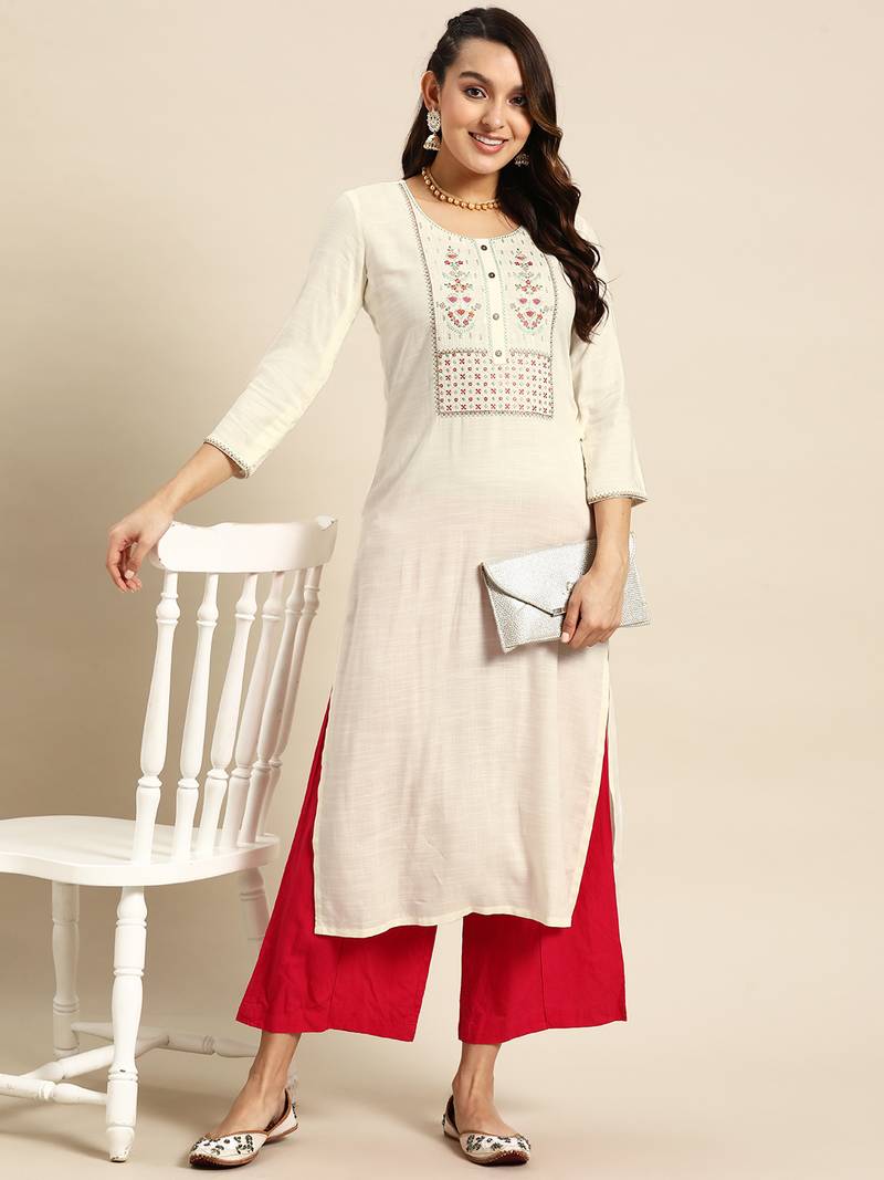White Poly Rayon Floral Embroidered Kurta