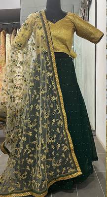 Mesmerizing Green golden zari sequins and thread embroidered georgette Lehenga choli 5