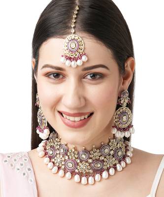 Pearl Polki and Ruby Bridal Neckalce Set with Maang Tikka 1
