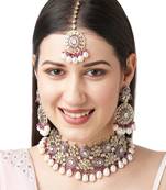 Pearl Polki and Ruby Bridal Neckalce Set with Maang Tikka
