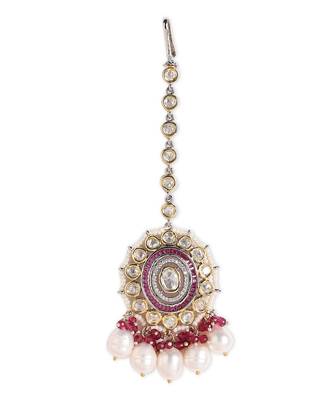 Pearl Polki and Ruby Bridal Neckalce Set with Maang Tikka 4