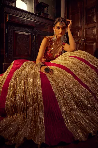 Pink Metallic Tissue Textured lehenga set