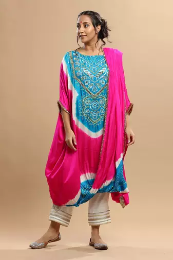 Fuschia Pink And Turqoise Bandhani Kaftan