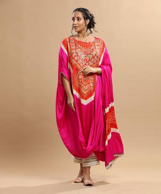 Orange And Fuschiia Pink Bandhani Kaftan 1