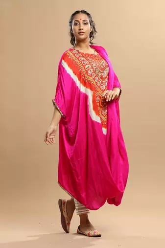 Orange And Fuschiia Pink Bandhani Kaftan