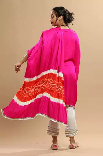 Orange And Fuschiia Pink Bandhani Kaftan