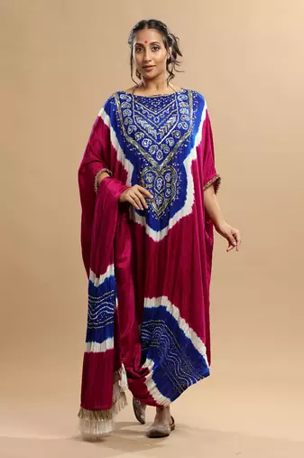 Electric Blue And Majenta Bandhani Kaftan