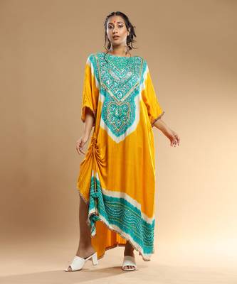 Sea Green And Yellow Bandhani Kaftan 1