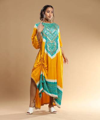Sea Green And Yellow Bandhani Kaftan 2