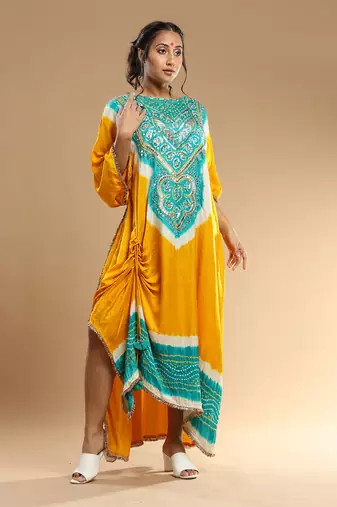 Sea Green And Yellow Bandhani Kaftan