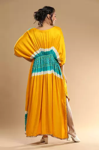 Sea Green And Yellow Bandhani Kaftan