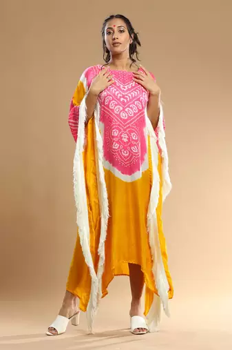 Pink And Yellow Bandhani Kaftan