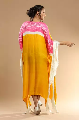 Pink And Yellow Bandhani Kaftan