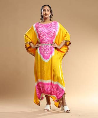 Pink And Yellow Bandhani Kaftan 1