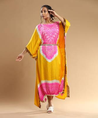 Pink And Yellow Bandhani Kaftan 2