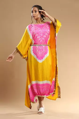 Pink And Yellow Bandhani Kaftan
