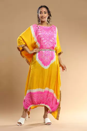 Pink And Yellow Bandhani Kaftan