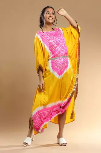 Pink And Yellow Bandhani Kaftan